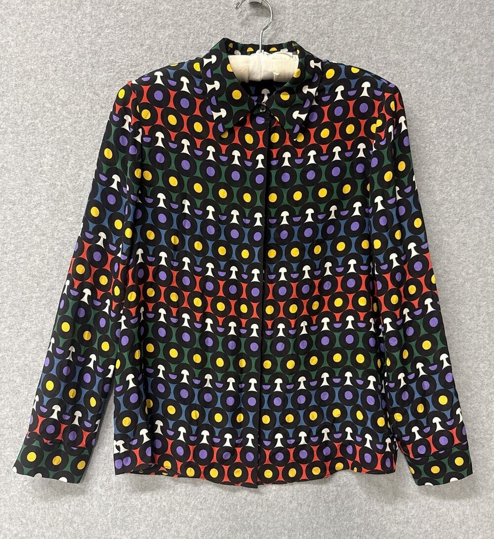 Alice + Olivia Willa Collar Silk Shirt Rainbow Dot Geometric Woman’s Size Large